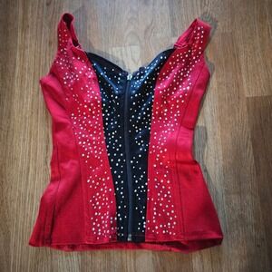 Waitressville Red Black Rhinestone Zip Front Corset Top Small Camisole Straps